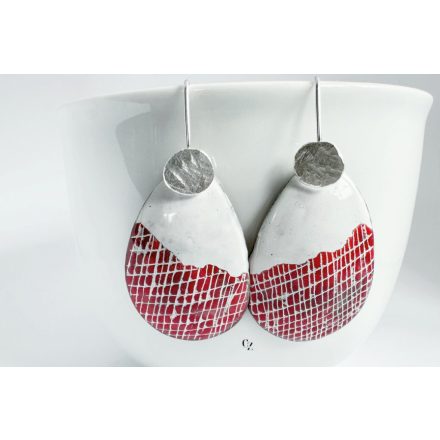 Ezüst akasztóval -tűzzománc fülbevaló piros fehér 1